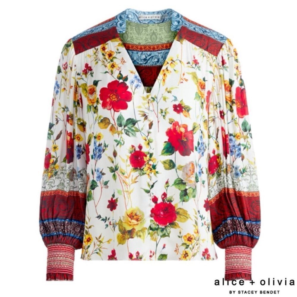 Alice + Olivia Serena Dew White Red Blouse Floral Button Front Size M - Picture 4 of 12